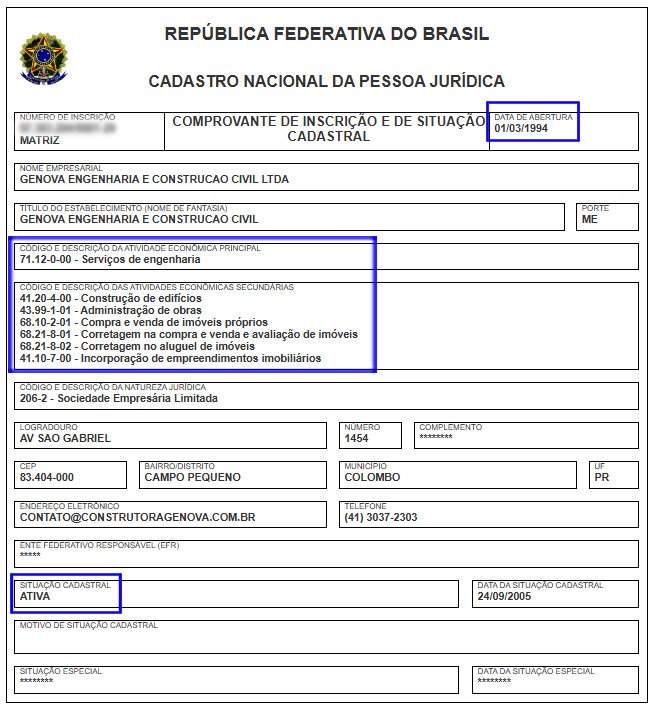 Análise do Cartão CNPJ de uma Construtora