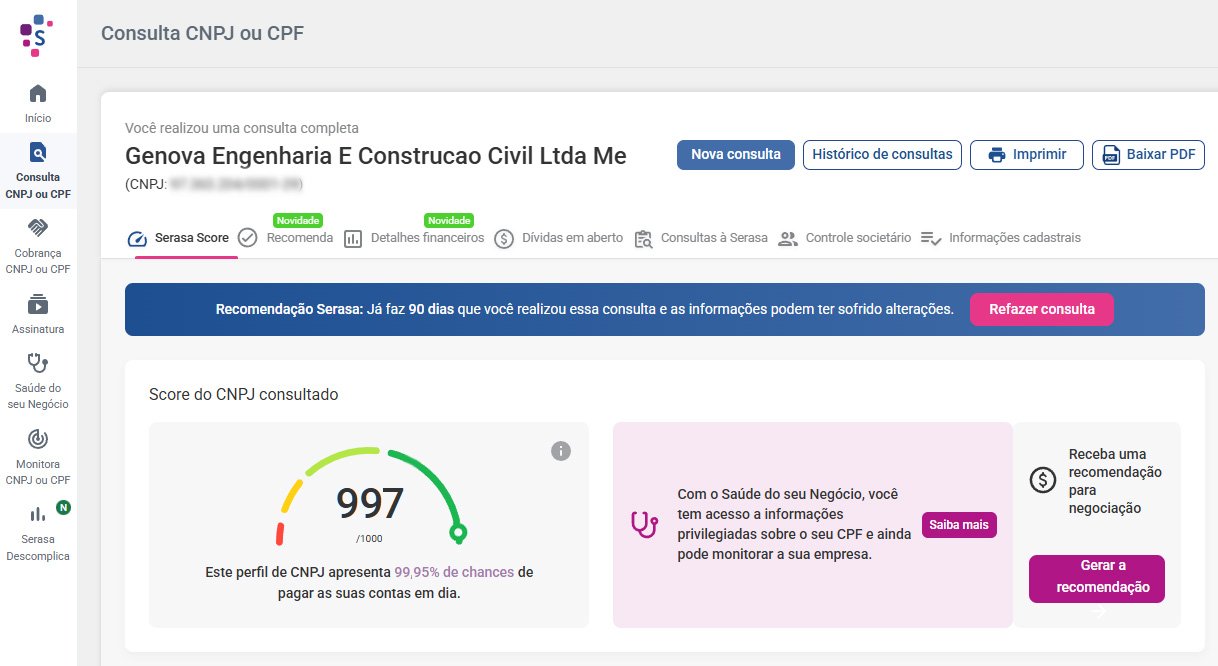 Consulta Serasa com Score da Construtora